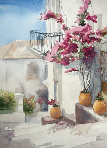 Schilderij getiteld "Greek street" door Lida Khomyakova (Artelida), Origineel Kunstwerk, Aquarel