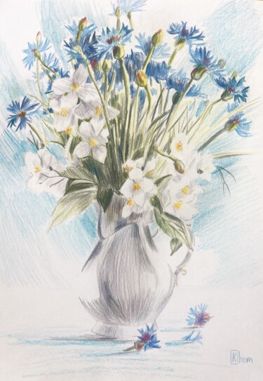 Pittura intitolato "Bouquet of flowers" da Lida Khomyakova (Artelida), Opera d'arte originale, Matite colorate