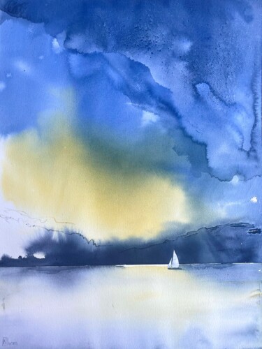 Malerei mit dem Titel "Sunset on the lake" von Lida Khomyakova (Artelida), Original-Kunstwerk, Aquarell