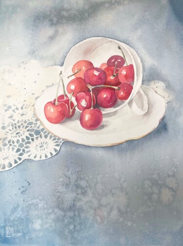 Malerei mit dem Titel "Lace and berries" von Lida Khomyakova (Artelida), Original-Kunstwerk, Aquarell