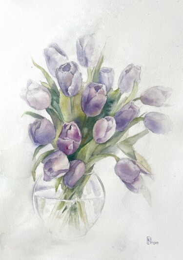 Painting titled "Tulips" by Lida Khomyakova (Artelida), Original Artwork, Watercolor