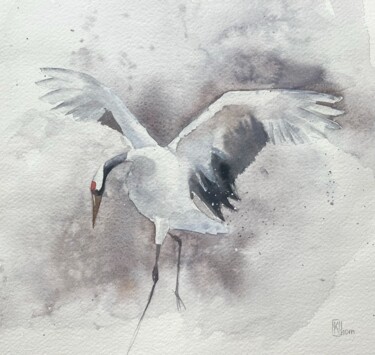 Painting titled "Crane" by Lida Khomyakova (Artelida), Original Artwork, Watercolor