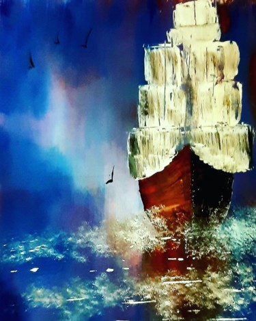 Картина под названием "Одинокий корабль" - Артем Гаценко, Подлинное произведение искусства, Акрил Установлен на Деревянная р…
