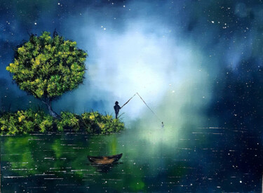 Painting titled "Рыбалка на озере." by Artem Gatsenko, Original Artwork, Acrylic Mounted on Wood Stretcher frame