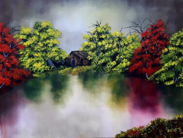 Pintura titulada "Домик на озере." por Artem Gatsenko, Obra de arte original, Acrílico Montado en Bastidor de camilla de mad…