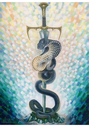 Pittura intitolato "Serpent of Wisdom" da Lidia Belyasin, Opera d'arte originale, Tempera Montato su Cartone