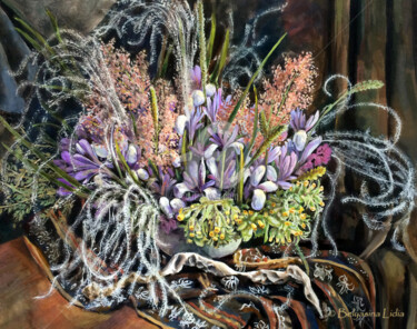 Printmaking titled "Bouquet from the st…" by Lidia Belyasin, Original Artwork, Tempera Mounted on Wood Stretcher frame