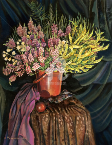 Prenten & gravures getiteld "Bouquet with Lupines" door Lidia Belyasin, Origineel Kunstwerk, Tempera Gemonteerd op Karton