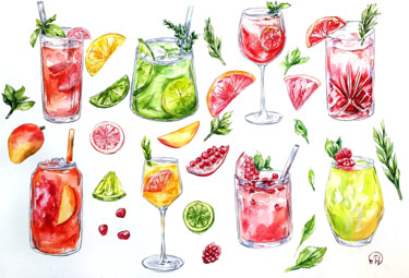Malerei mit dem Titel "Cocktails lemonades…" von Lidia Nureeva, Original-Kunstwerk, Aquarell