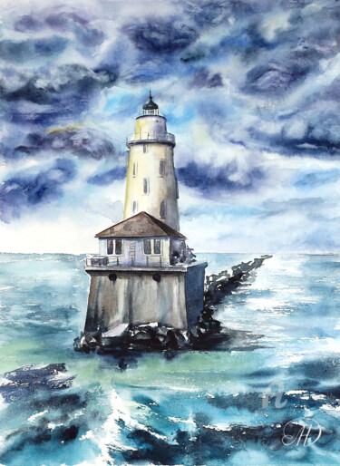 Schilderij getiteld "Lighthouse" door Lidia Nureeva, Origineel Kunstwerk, Aquarel
