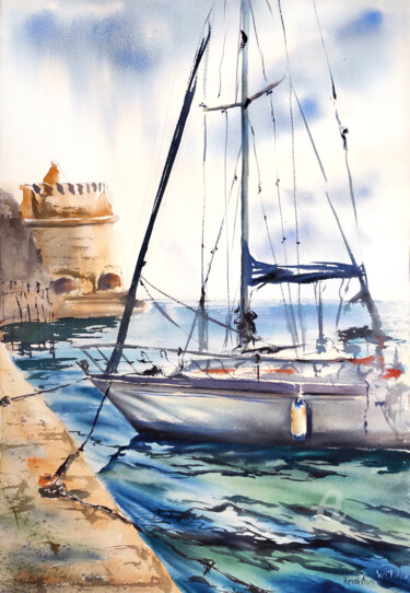Peinture intitulée "Cyprus Yacht" par Lidia Nureeva, Œuvre d'art originale, Aquarelle
