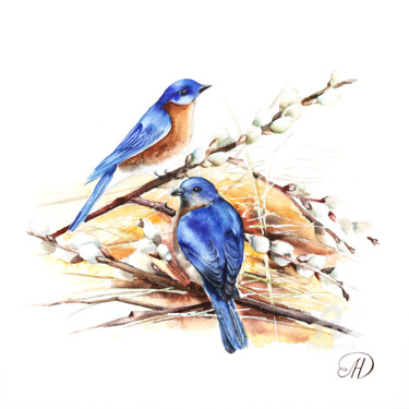 Pittura intitolato "Blue birds" da Lidia Nureeva, Opera d'arte originale, Acquarello