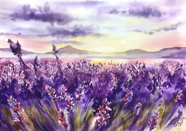 Malerei mit dem Titel "Lavender  field" von Lidia Nureeva, Original-Kunstwerk, Aquarell