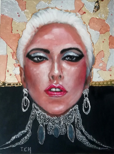 Painting titled "Lady Gaga" by Lidia Tchoumakova, Original Artwork, Oil Mounted on Cardboard