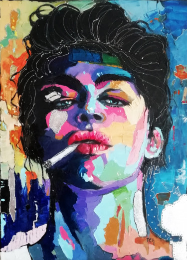 Картина под названием "Con una sigaretta" - Lidia Tchoumakova, Подлинное произведение искусства, Масло Установлен на Деревян…