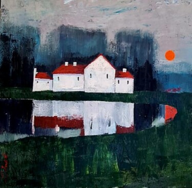 Schilderij getiteld "HOUSE IN RED SUNSET" door Lidia Zadeh Petrescu, Origineel Kunstwerk, Acryl