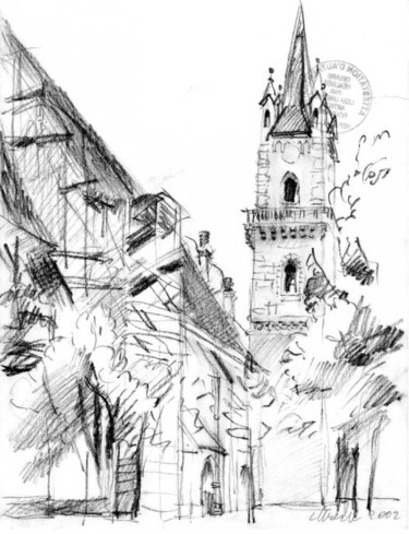 Dessin intitulée "Bistrita, l'Eglise…" par Lyria, Œuvre d'art originale
