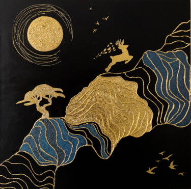 Pittura intitolato "Golden deer on the…" da Lidiia Isakova, Opera d'arte originale, Acrilico