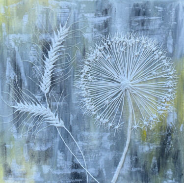 Painting titled "Spikelets and dande…" by Lidiia Isakova, Original Artwork, Acrylic Mounted on Wood Stretcher frame