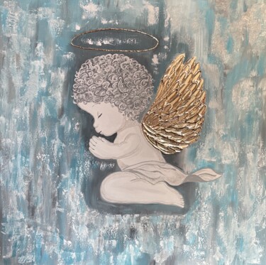 Painting titled "The angel prays" by Lidiia Isakova, Original Artwork, Acrylic Mounted on Wood Stretcher frame