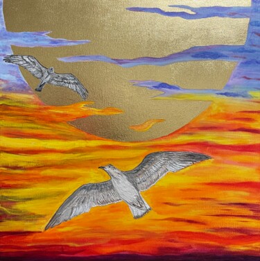 Painting titled "Seagulls at sunset" by Lidiia Isakova, Original Artwork, Acrylic Mounted on Wood Stretcher frame