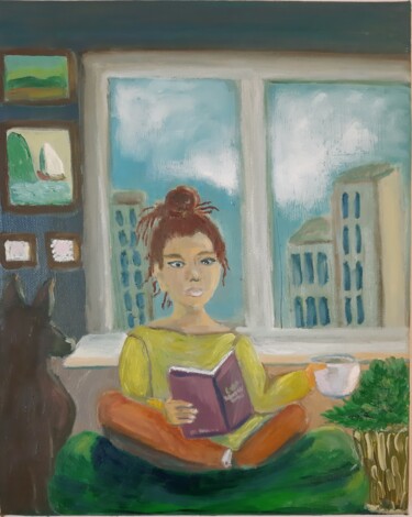 Malerei mit dem Titel "Doberman, coffee,bo…" von Lidiia Sazonova, Original-Kunstwerk, Öl