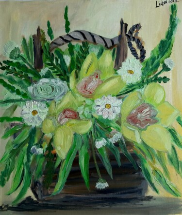 Painting titled "flowers in a basket…" by Lidiia Sazonova, Original Artwork, Oil