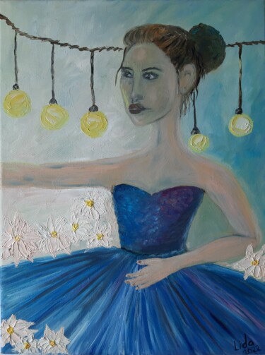 Painting titled "Girl in a blue dres…" by Lidiia Sazonova, Original Artwork, Oil