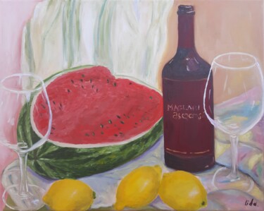 Painting titled "Wine and watermelon…" by Lidiia Sazonova, Original Artwork, Oil