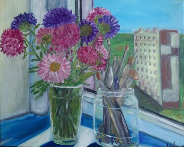 Painting titled "aster flowers  STEE…" by Lidiia Sazonova, Original Artwork, Oil