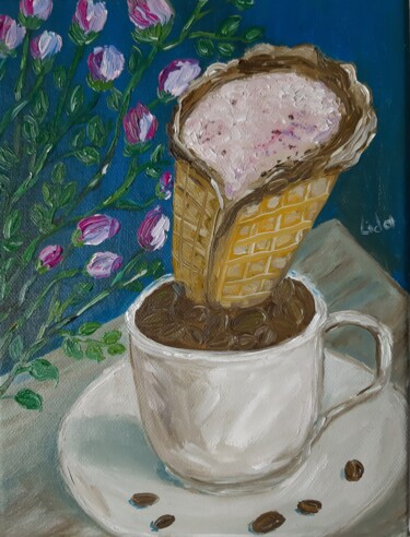 Painting titled "cup of coffee with…" by Lidiia Sazonova, Original Artwork, Oil