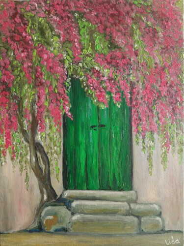 Pittura intitolato "Green vintage door…" da Lidiia Sazonova, Opera d'arte originale, Olio