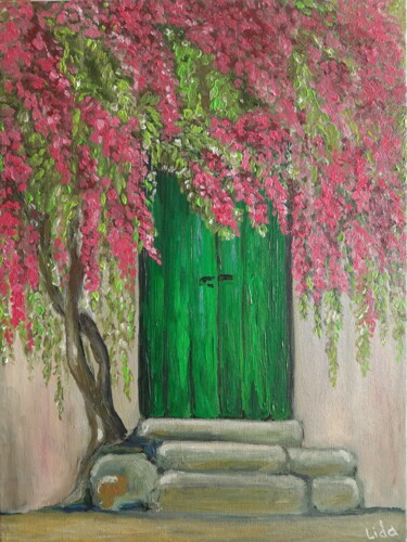 Painting titled "Green vintage door…" by Lidiia Sazonova, Original Artwork, Oil