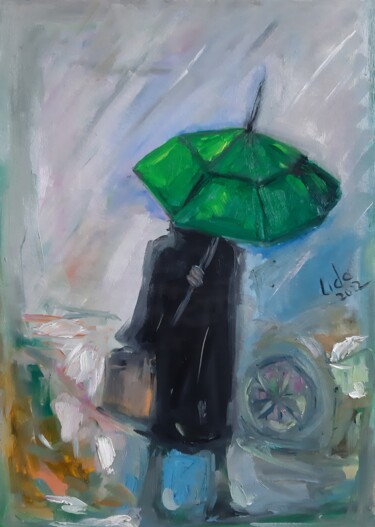 Pintura intitulada "green umbrella urba…" por Lidiia Sazonova, Obras de arte originais, Óleo