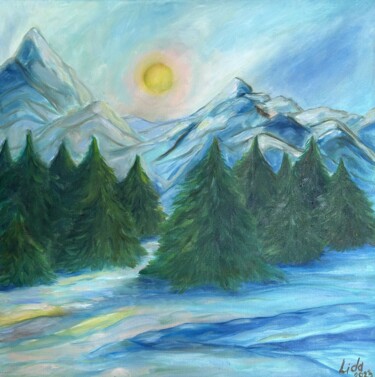 Картина под названием "Distant peaks of mo…" - Lidiia Sazonova, Подлинное произведение искусства, Масло