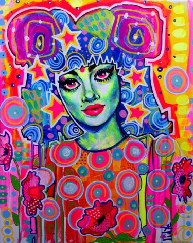 Malarstwo zatytułowany „Cosmic Girl” autorstwa Lidye, Oryginalna praca, Akryl Zamontowany na Drewniana rama noszy
