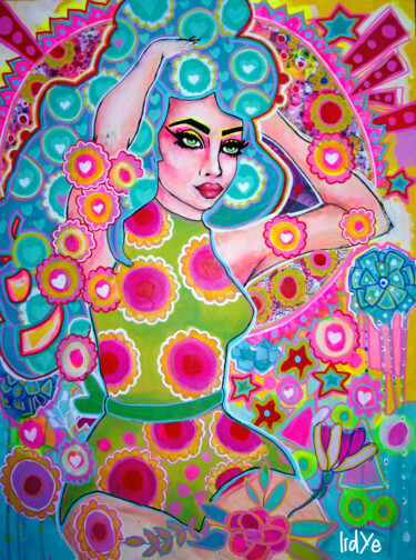 Painting titled "Summer Pin-Up" by Lidye, Original Artwork, Acrylic Mounted on Wood Stretcher frame