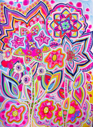 Картина под названием "Fleurs seventies" - Lidye, Подлинное произведение искусства, Акрил