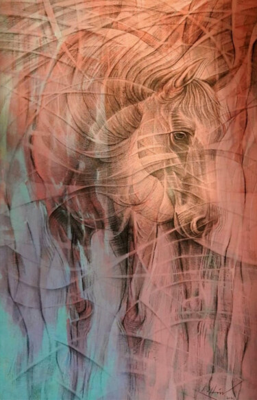 Painting titled "Dream Horse #1" by Lihin, Original Artwork, Charcoal