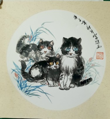Peinture intitulée "Chats" par Jin Li, Œuvre d'art originale, Encre Monté sur Carton