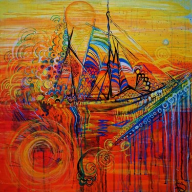 Peinture intitulée "Boat, Orange Painti…" par Lika Kakhidze, Œuvre d'art originale, Acrylique