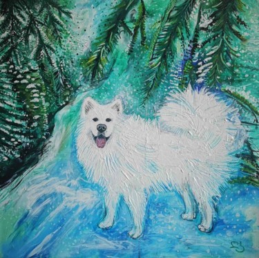 Painting titled "dog painting, Samoy…" by Lika Kakhidze, Original Artwork, Acrylic