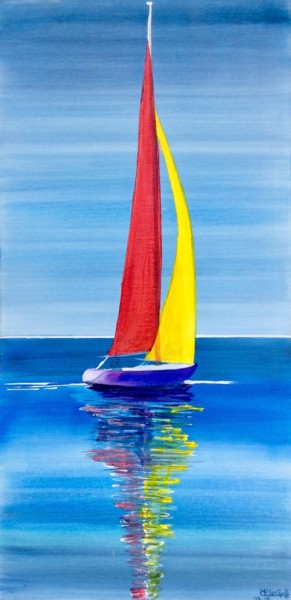 Peinture intitulée "Voilier multicolore" par Marie-Pascale Le Goff (L’île à L’eau), Œuvre d'art originale, Aquarelle