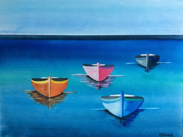 Painting titled "Canots multicolores" by Marie-Pascale Le Goff (L’île à L’eau), Original Artwork, Watercolor