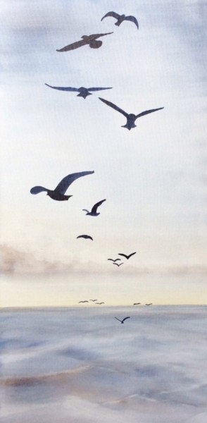 Peinture intitulée "Goelands de l’ile -…" par Marie-Pascale Le Goff (L’île à L’eau), Œuvre d'art originale, Aquarelle