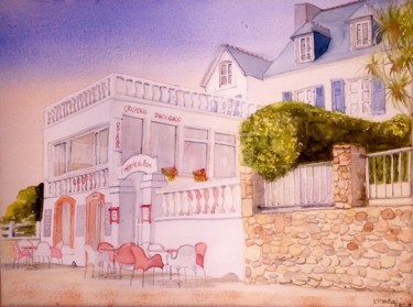 Peinture intitulée "Crêperie du Port, î…" par Marie-Pascale Le Goff (L’île à L’eau), Œuvre d'art originale, Aquarelle