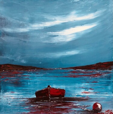 Pittura intitolato "Canot rouge 29X29 3D" da Marie-Pascale Le Goff (L’île à L’eau), Opera d'arte originale, Olio Montato su…