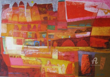 Peinture intitulée ""Village sacré"" par Lili Come, Œuvre d'art originale, Huile