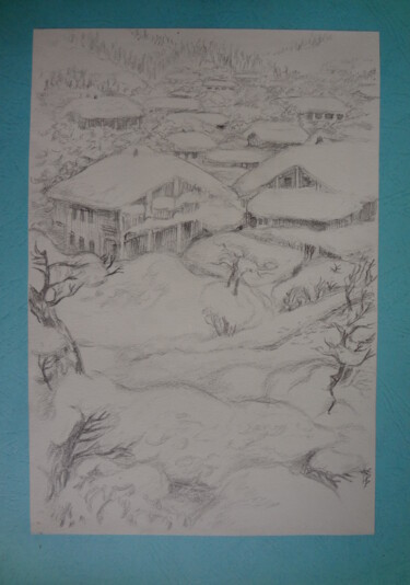 Картина под названием "Зимняя деревня 1" - Lili Pic, Подлинное произведение искусства, Карандаш Установлен на картон