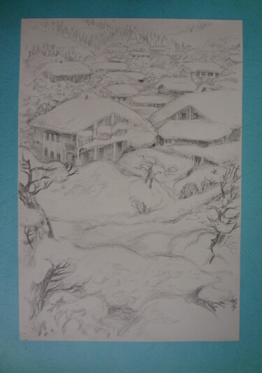 Painting titled "Зимняя деревня 1" by Lili Pic, Original Artwork, Pencil Mounted on Cardboard